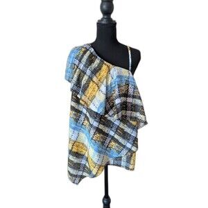 project Runway One-Shoulder Ruffle Camisole in Blue, Yellow and Black Plaid